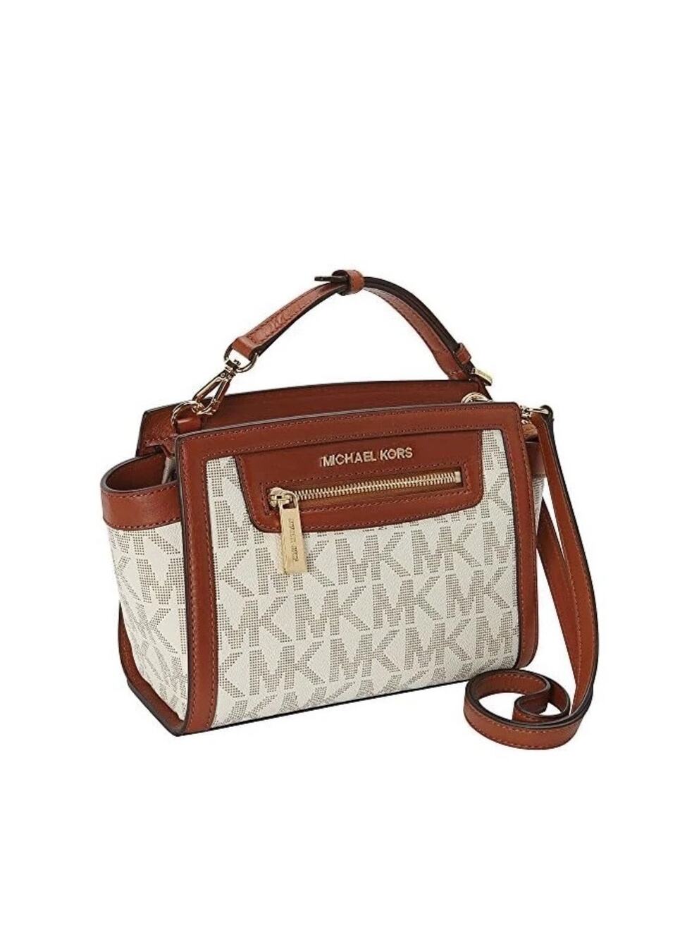 Michael Kors Selma Mini Messenger Leather Crossbody Bag Purse White Brown